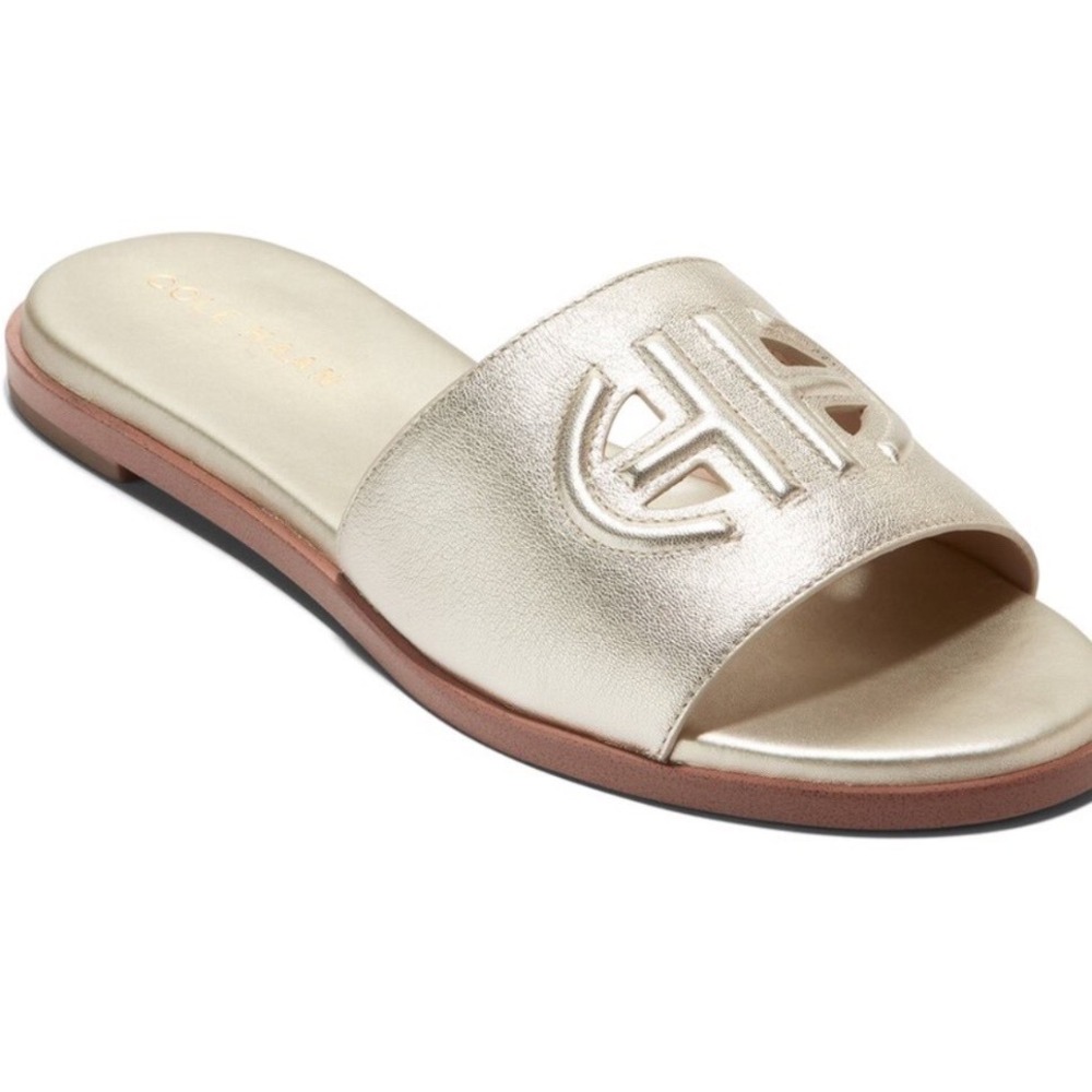 Cole Haan Flynn Logo Slide Metallic Gold Logo Slide Sandals Women's Size 10